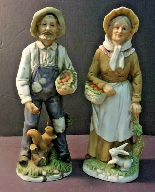 Vintage Homco Porcelain Figurines Old Man & Woman W/ Rabbit & Squirrel 1409 Dh
