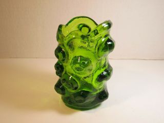 Short Vtg Heavy Green Viking Glass Candle Holder With Exterior Knob Pattern