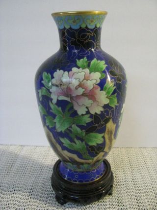 Vintage Chinese Cloisonné Enamel Vase Blue With Flowers Wood Stand
