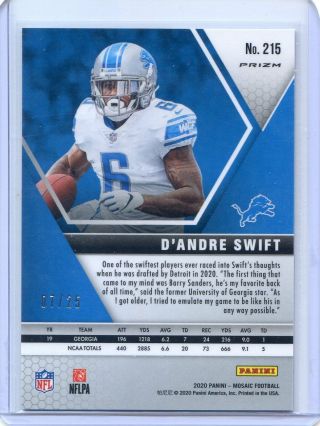 2020 PANINI MOSAIC D ' ANDRE SWIFT LIONS WHITE PRIZM ROOKIE RC 7/25 NO.  215 2