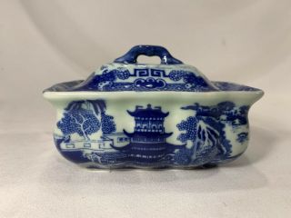 Vintage Victoria Ironstone Covered Flow Blue Butter Dish 3 Piece