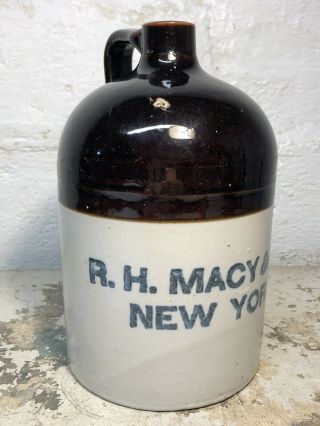 Rare “macy’s” Antique Stoneware Jug R.  H.  Macy & Co York Ny Pottery Crock Vtg