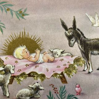 Vintage Mid Century Christmas Greeting Card Nativity Scene Baby Pink Blanket