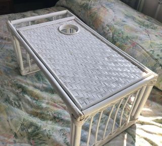 Vintage White Wicker Bed Lap Tray Large With Side Pocket And Glass Holder