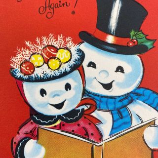 Vintage Mid Century Christmas Greeting Card Snowman Couple Dressed Up Caroling