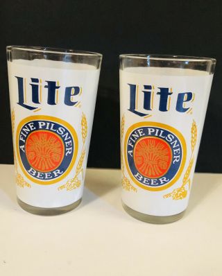 Vintage Set Of 2 Miller Lite Beer Glasses Beer Label Design Double Sided