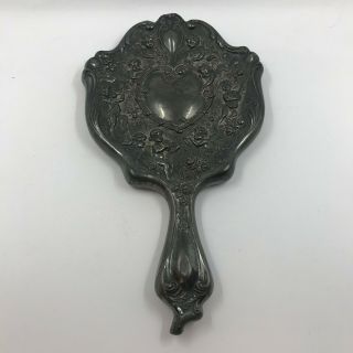 Vintage Antique Silver Plate Gothic Cherub Handheld Vanity Mirror Heavy