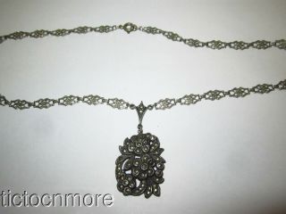 Vintage Art Deco Marcasite Jeweled Drop Pendant Book Chain Necklace
