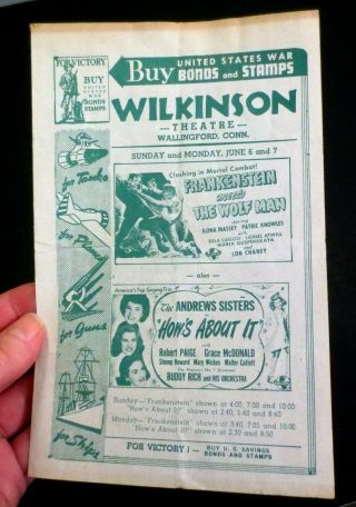 Vintage 1943 Wilkinson Theater Wallingford Ct Program Frankenstein Meets Wolfman