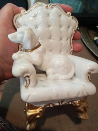 Vintage Traditions White Porcelain Dog On Quilted Chair Figurine,  Gold Trim