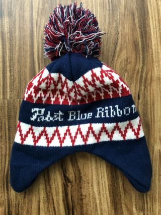 Rare Pabst Blue Ribbon Beer Knit Pom Beanie Skate Ski Snowboard Hat Cap Vintage