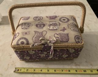 Vintage Padded Wood Sewing Basket Box Purple Cup Tea Pot Floral Butterfly Motif