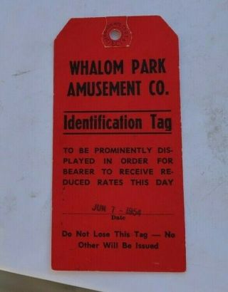 Vintage Whalom Amusement Park Fitchburg Mass Identification Tag 1954 Discount Nr
