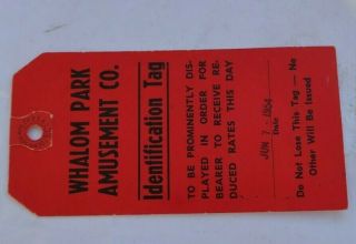 Vintage Whalom Amusement Park Fitchburg Mass Identification Tag 1954 Discount NR 2