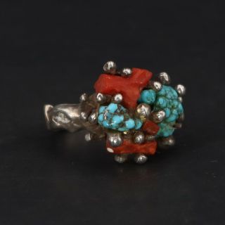 Vtg Sterling Silver Freeform Abstract Raw Coral & Turquoise Ring Size 4.  5 - 6g