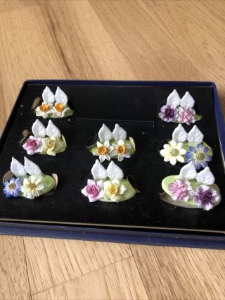 8 Vintage Crown Staffordshire Porcelain Flower Place Card Holders Pansies Roses