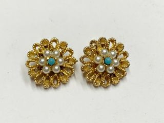 Vintage 9ct Gold Plated Faux Pearl Turquoise Cluster Ladies Clip On Earrings