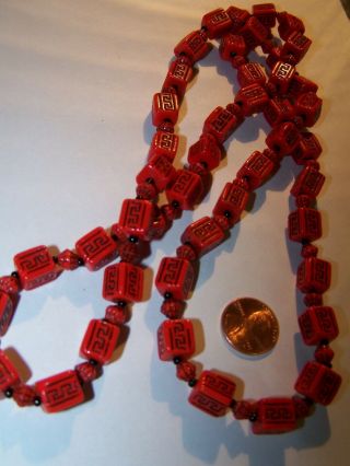 Vintage Red Glass Greek Key Art Deco Flapper Bead Necklace 33 " Long