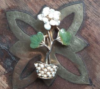 Rare Vintage Signed Swoboda Brooch Pin Carved Jade Pearls Potted Flower Plant
