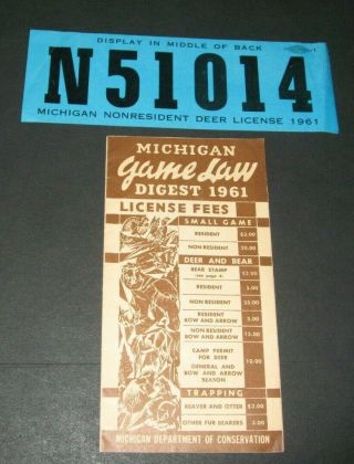 1961 Michigan Non Resident Deer License And Game Law Digest