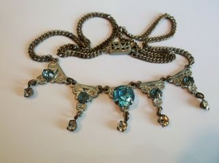 Antique Vintage Aqua Clear Rhinestones Delicate Brass Chain 15 " Necklace Sweet