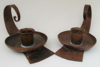 Large Vintage Hand Hammered Copper Candle Holder Pair Candlestick Chamberstick 2