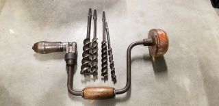 Vintage Antique Mohawk Shelburne Hand Crank Brace Bit Drill With 4 Auger Bits