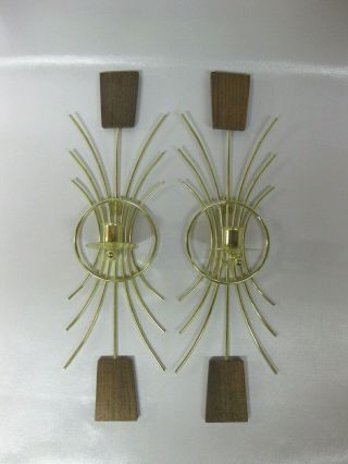 (2) Vintage Mid - Century Wall Sconce Candle Holders - - Metal And Wood