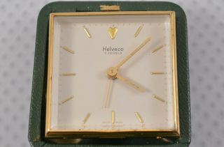 Vintage Helveco Travel Alarm Clock Green Leather Case 7 Jewels Swiss Made