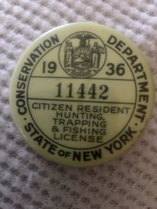 1936 Ny State Conservation Dept Hunting Fishing License Button Bastian Bros Co