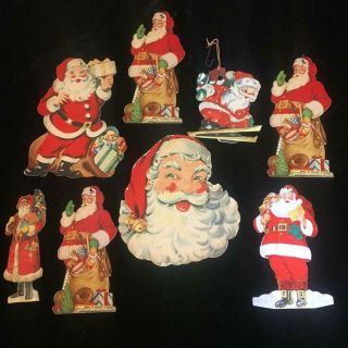 8 Vintage /antique 1930s - 50s Die - Cut & Chromo Litho Santa Christmas Ornaments