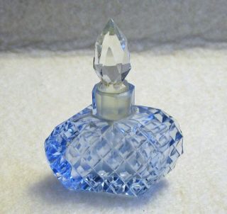 Vtg Crystal Cut Blue Glass Small Flat Art Deco Perfume Bottle With Clear Stopper