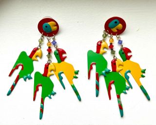 Early Vintage Lunch At The Ritz Latr Style Colorful Parrot Dangle Earrings