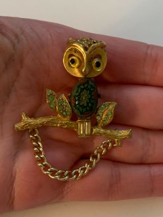 Vintage Art Deco Green Stone Gold Tone Owl Leaf Branch Antique Enamel Brooch Pin