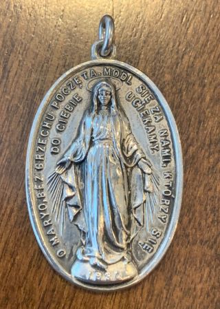 Vintage Polish Sterling Silver Catholic Miraculous Medal 1.  5 Inches X 7/8 Inch