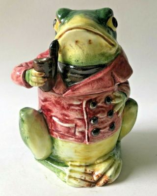 Antique Majolica Tobacco Humidor Jar Frog Smoking A Pipe 6 1/2 "