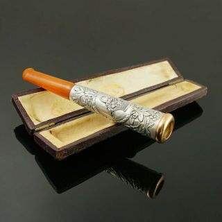 Antique French Silver Mounted Amber Cigarette Or Cheroot Holder & Case,  Etui