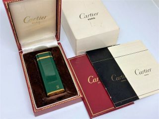 Auth Cartier Green Lacquer K18 Gold - Plated Trim Oval Lighter W Box,  Case & Paper