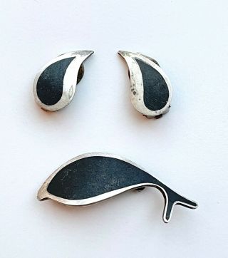 Vtg Poul Warmind Denmark Set Of Fish Brooch & Clip On Earrings Sterling Silver
