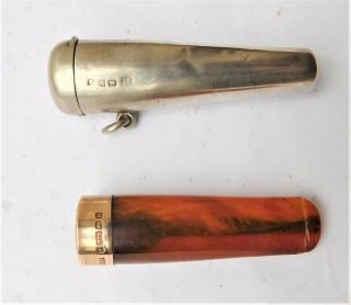 No Resrv 9ct Gold & Amber Cheroot Cigar Holder In Silver Case Antique Cigarette