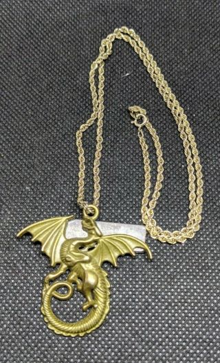 Vintage Brass Dragon Pendant W/ Gold Vermeil Sterling Silver 925 Chain (signed)