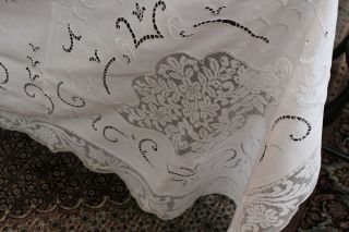 Vintage Fab White Linen Tablecloth 94x106 Cut Work Net Lace Embroidery