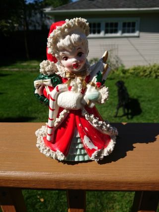 Vintage Napco Christmas Shopping Girl Planter Gift Candy Cane Bow S1703 1954