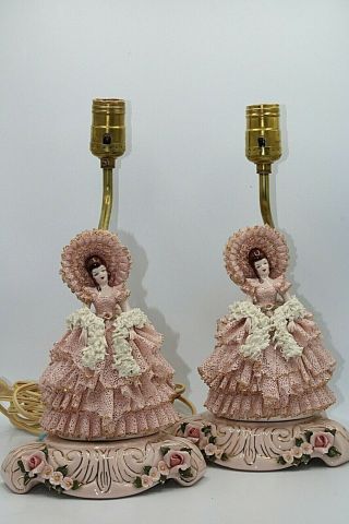 Vtg Set Of 2 Heirlooms Tomorrow Porcelain Dresden Style Lace Lady Lamps 8 - 1/2 " H
