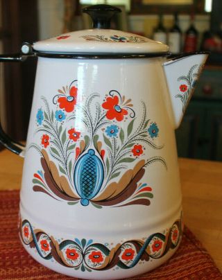 Vintage Berggren Swedish Scandinavian Folk Art Enamel Tea/coffee Pot Large