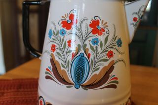 Vintage Berggren SWEDISH Scandinavian FOLK ART Enamel Tea/Coffee Pot Large 3