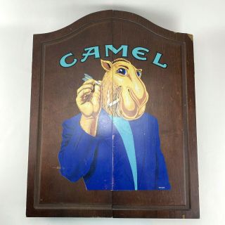 Camel Joe Dart Board Cabinet Wood Chalk Tobacco Darts Cricket Vintage