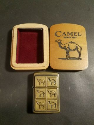 Unique Vintage Solid Brass 6 Camel Zippo Lighter With Wooden Case Very Scarce 2