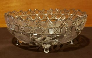 Vintage Large & Heavy Oval Footed Crystal/glass Etched Fruit Bowl Scalloped Edge