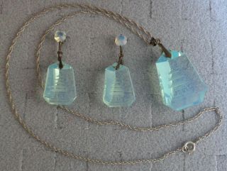 Vintage Japan Opal Glass Opalite Reverse Carved Pagoda Silver Necklace Earrings